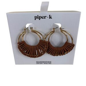 Piper K Handwoven Brown Leather & Gold Toned Hoops.